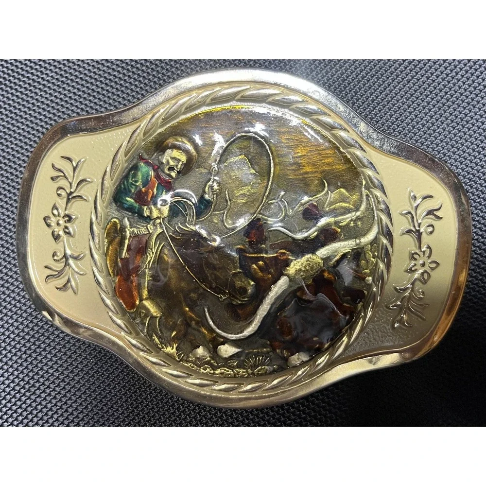 MBCI Belt Buckle Mens Gold Tone Western‎ Cowboy Rodeo Roping Longhorn Enamel